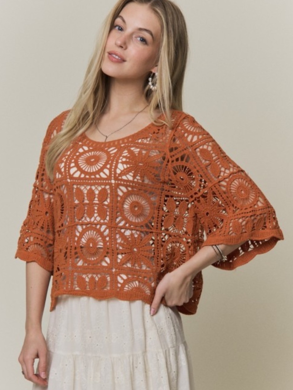 Adora Rust Open-knit Square Crochet Top